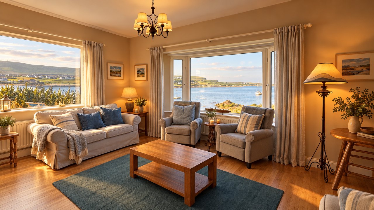 Sitting room in warm evening light, with a sofa, two armchairs in the bay window and the harbour beyond